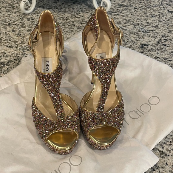 Jimmy Choo Multi-Color Glitter T-Strap  Heels - Picture 2 of 5